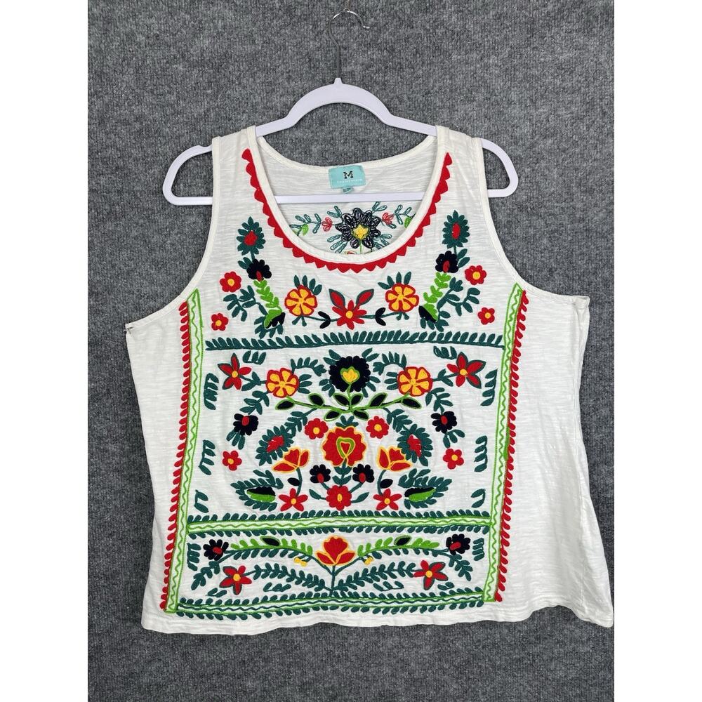 South Main Tank Top Embroidered White Multi Color‎ 1X/2X